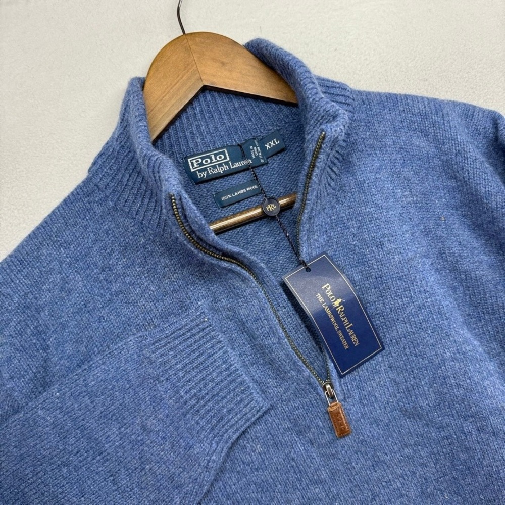 Ralph Lauren Sweater Mens XXL Blue Quarter Zip Lambswool Pullover Knit Deadstock
